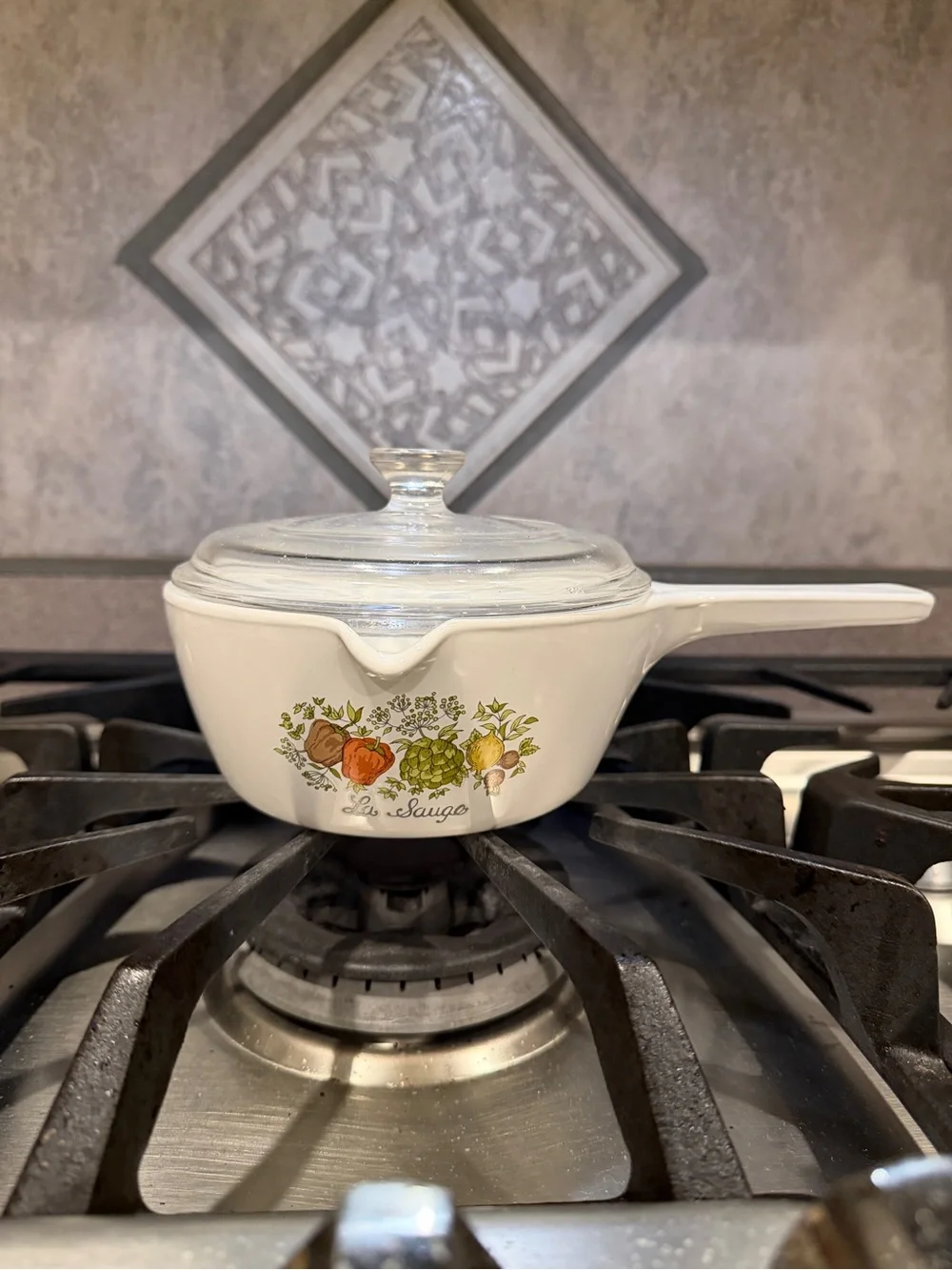 White Ceramic Saucepan with Clear Glass Lid and Harvest Vegetable Decal